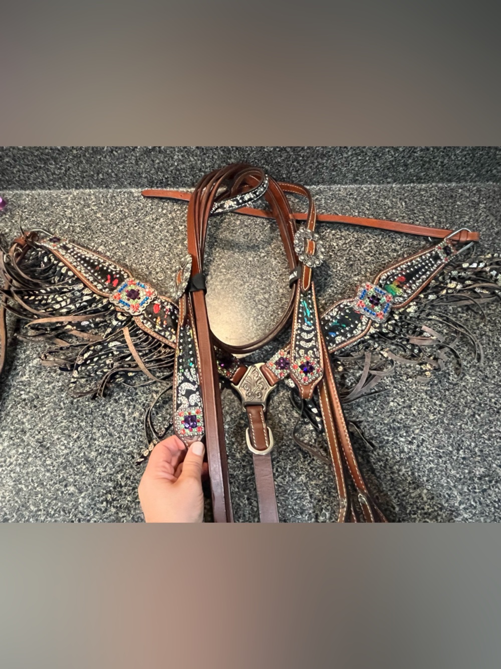 NEW Showman’s Leather Show Tack Set Bridle + Breast Collar w/ Fringe and BLING!